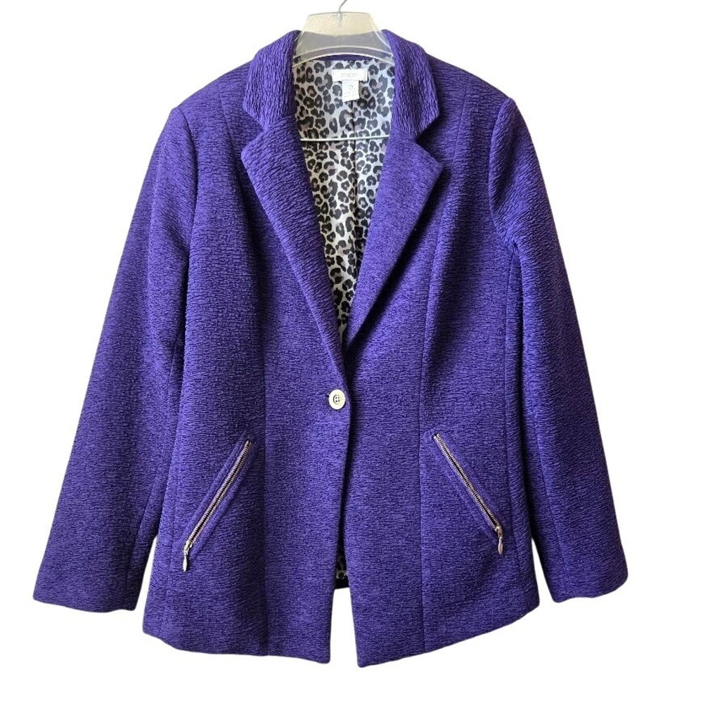 Chico's Women Purple Textured Blazer Animal Print Lining Office‎ Size 0 (Small)